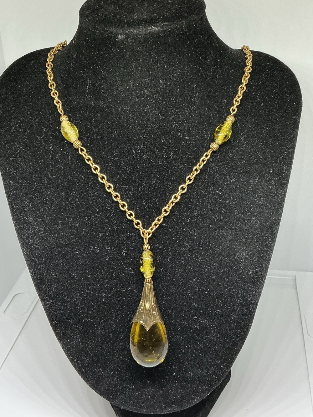 Antique Art Nouveau Lavaliere Pendant Necklace Olive Green Czech Art Glass - Picture 2 of 11